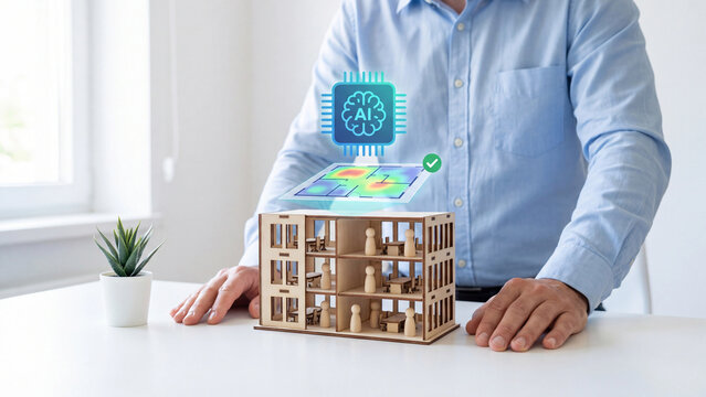 AI workplace occupancy analytics and office space utilization concept, man with wooden building model and figures, AI chip and floor plan heatmap with checkmark for smart facility