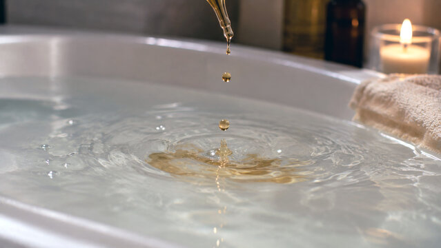 Golden cosmetic oil dripping from a glass dropper into bath water beside a candle and soft towel