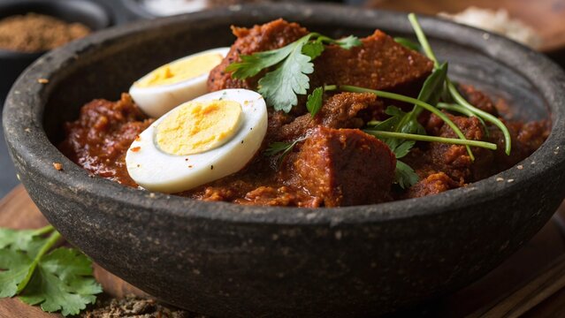 Photorealistic close-up of doro wat showing tender chicken fibers glossy berbere sauce egg yolk porous injera and coriander