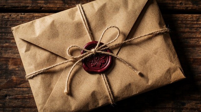 Vintage brown paper envelope tied with twine rope, sealed with red wax stamp on wooden table. Old mail letter with traditional postal history, nostalgia concept. Closeup of vintage packaging,