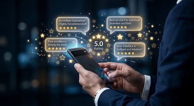 Person holding smartphone showing 5.0 rating with customer reviews and stars for product or service satisfaction.