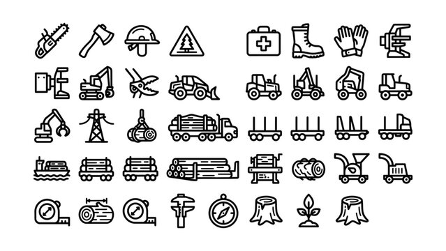 Collection of construction and forestry equipment icons isolated on transparent background