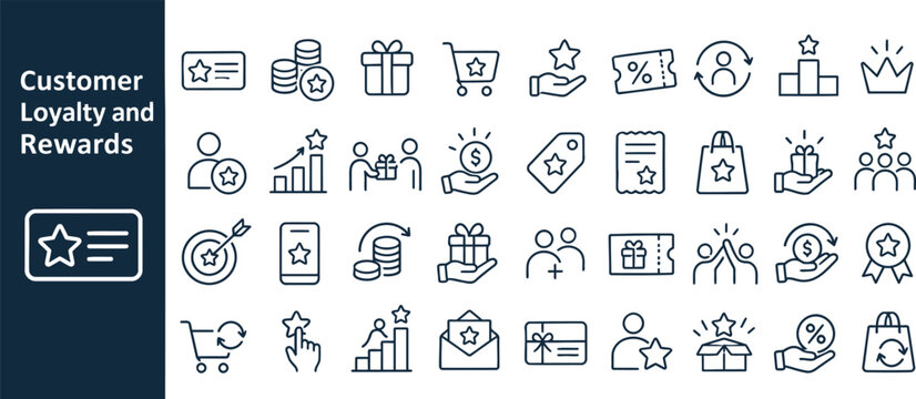 Customer Loyalty and Rewards outline icon set. Featuring loyalty card, reward points, gift, discount coupon, and badge symbols. Vector icons for customer retention and loyalty programs.
