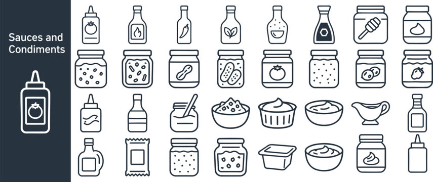 Sauces and Condiments outline icon set. Featuring squeeze bottle, hot sauce bottle, condiment jar, dipping bowl, and spread jar symbols. Vector icons for restaurant menus and food seasoning.