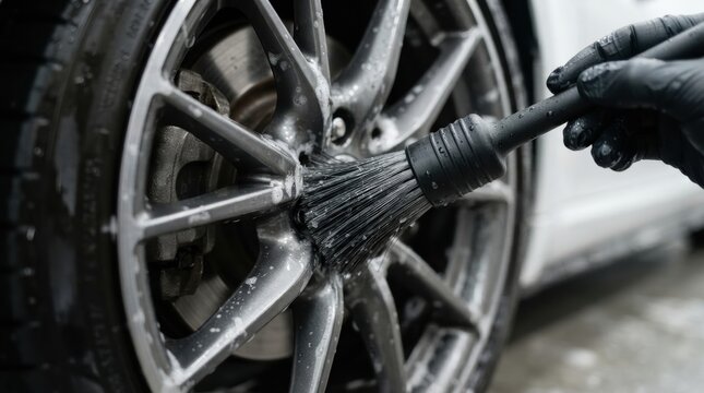 alloy wheel detailing brush closeup Cleaning a car wheel rim with a brush and soapy water.