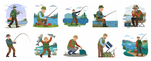 Fototapeta premium Senior Man Fishing Vector Illustration Set, Elderly Fisherman Characters in Various Activities