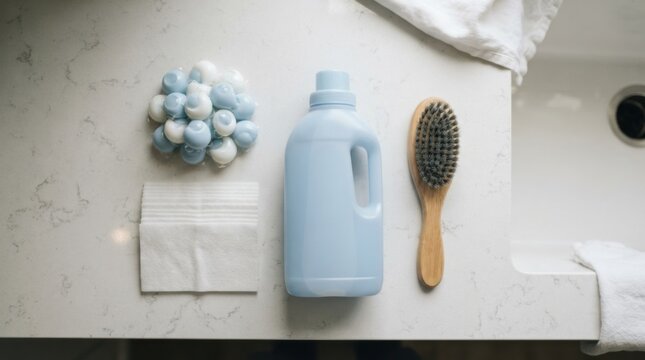 Flatlay of laundry care essentials including detergent pods, dryer sheets, lint brush and fabric softener arranged neatly on a countertop.