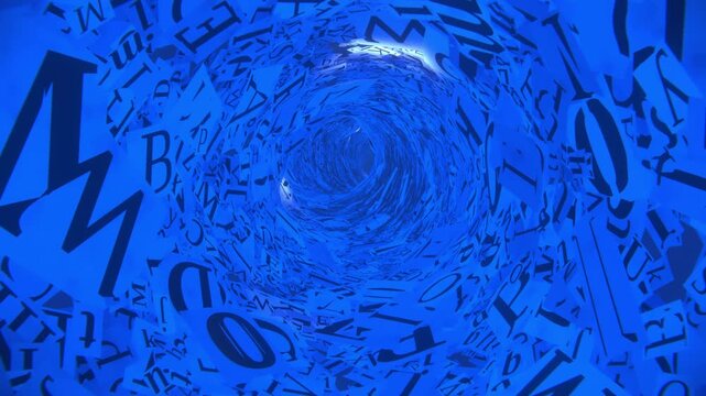 A 3d render showing a camera moving down a swirling tunnel made of blue alphabet letters and typographic characters with bright glowing lights