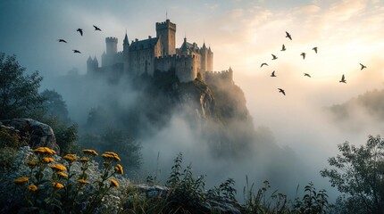 Obraz premium Ancient stone castle stands on rocky hill surrounded by thick morning fog. Birds fly across dramatic sky at sunrise. Yellow flowers grow in foreground. Fantasy medieval fortress looks magical,