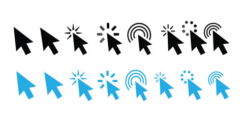 Fototapeta premium Set of computer mouse cursor icons in black and blue colors on white background