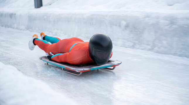 Skeleton racer speeding down an ice track in winter sport attire  