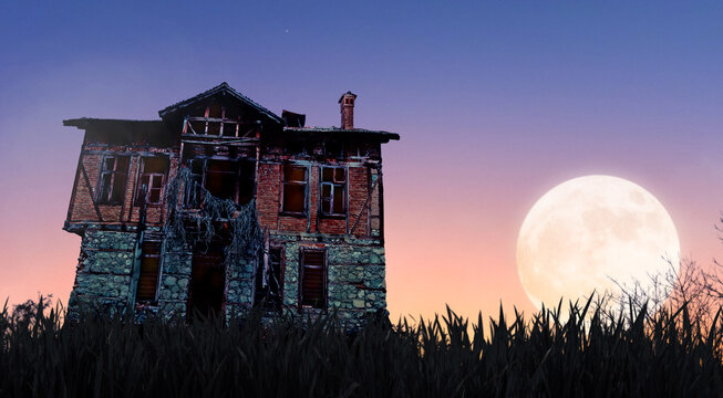 halloween creepy haunted old house and fool moon
