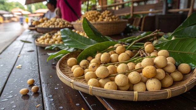 Premium Southeast Asian langsat clusters with peeled ivory segments leaves stems moisture droplets and curled peel on a woven tray