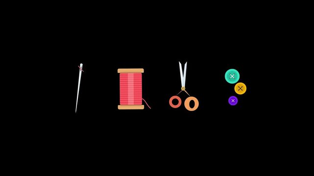 Minimalist 2D animated sewing equipment set isolated on a black background.