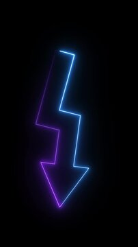 Glowing purple and blue lightning bolt shaped downward arrow on a black background, showing electricity, energy and decline