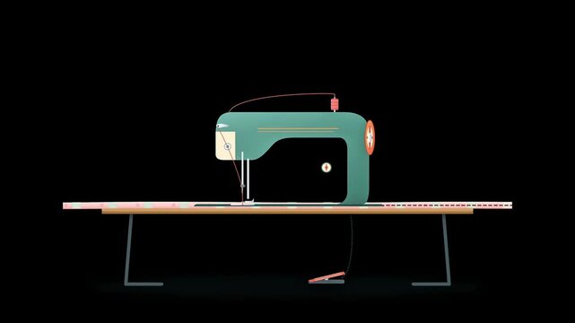 A minimalist 2D motion graphic featuring a teal sewing machine operating on a workbench. This vector animation shows a needle and fabric in motion against a dark backdrop.