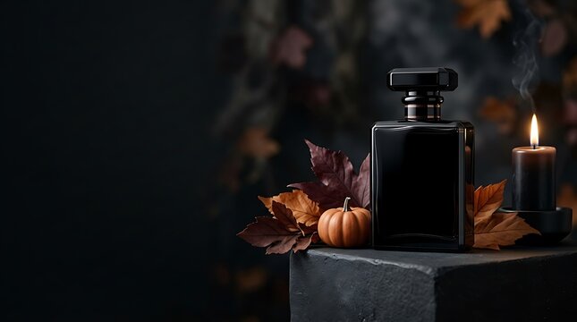 Black perfume bottle mockup on stone pedestal with autumn leaves pumpkin and burning candle