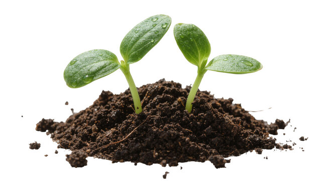 Two green seedlings growing from dark soil, isolated on transparent background