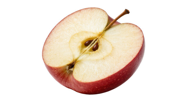 Red apple half showing seeds and stem, isolated on transparent background