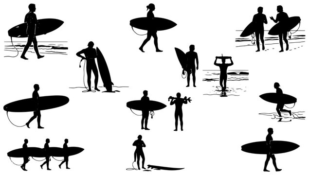 Surfer silhouettes vector collection, black beach water sports figures, surfing people with surfboards clipart set for summer designs 4k
