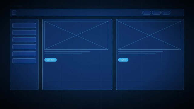 Futuristic blue glowing website wireframe and user interface dashboard layout with placeholder elements for software development and design