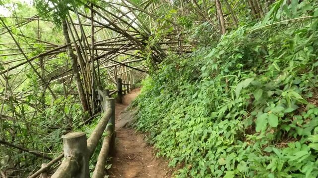 Winding dirt path through a dense bamboo forest with rustic wooden fence in Thailand.