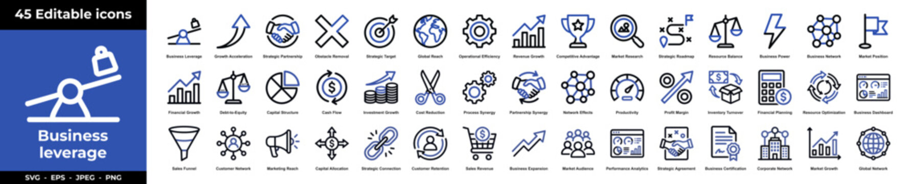 Business leverage icon set with growth, strategy, partnership, efficiency, revenue, market, finance and network symbols