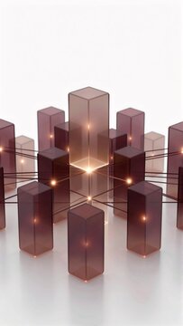 group small square shaped objects arranged grid like pattern white surface objects appear glass similar material different shades pink purple connected thin black wires connected creating network