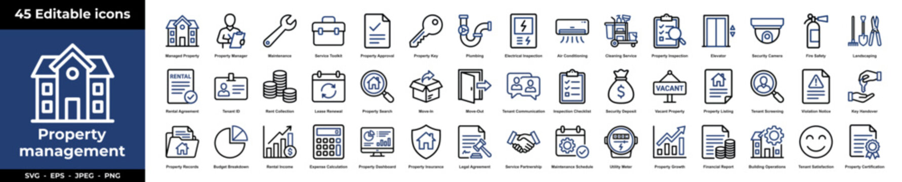Property management and real estate icon set with rental, tenant, maintenance, building, inspection and lease symbols