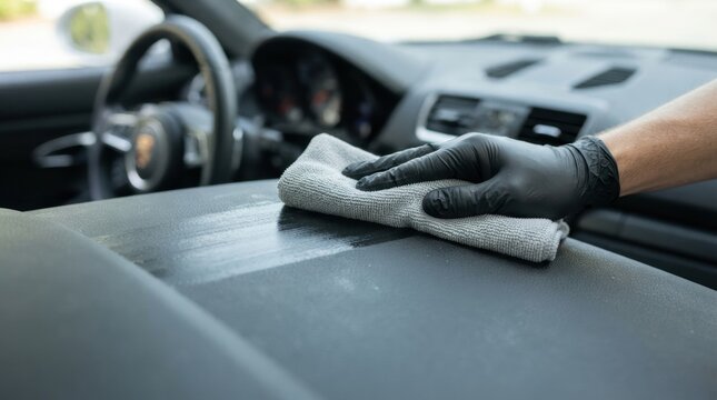 car interior microfiber wipe closeup Person cleaning the dashboard of a car interior with a cloth and gloves