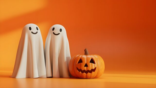 Divertida composici&oacute;n de Halloween con dos simp&aacute;ticos fantasmas blancos y una calabaza tallada sobre fondo naranja