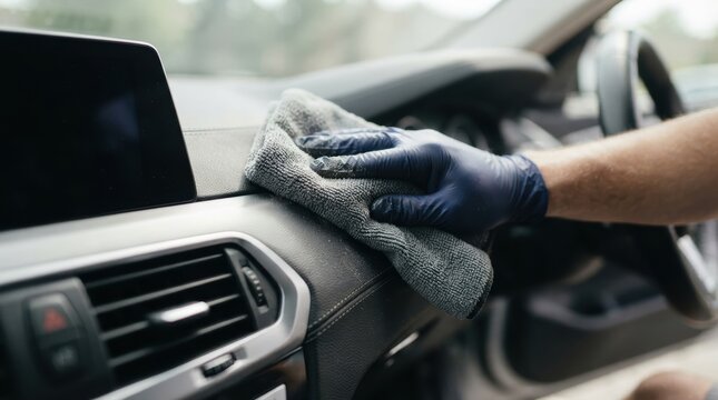 car interior microfiber wipe closeup Person wearing glove cleaning car dashboard with microfiber cloth
