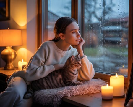Acogedora escena en casa de una mujer joven pensativa mirando por la ventana en un d&iacute;a lluvioso junto a su gato y velas encendidas