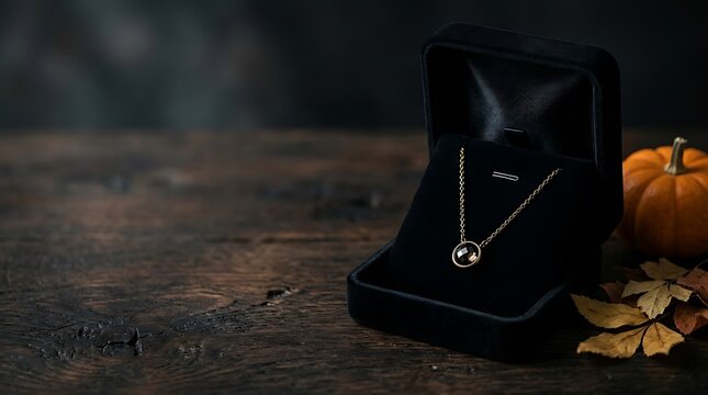 A beautiful, elegant necklace displayed in a plush velvet box, complemented by autumn leaves and a small pumpkin, perfect for a special occasion or gift