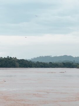 Serene Thai Landscape with Muddy River and Lush Forest Under a Cloudy Sky
