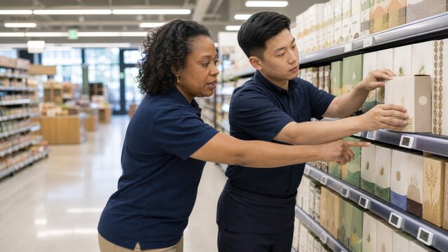 Retail shelf label audit team comparing an electronic tag with package positions