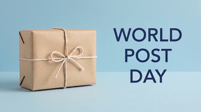 Wrapped cardboard parcel on a light blue background for world post day