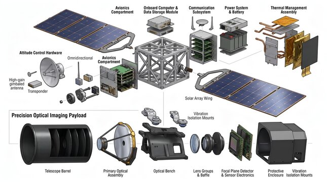 Exploded view diagram of a satellite showcasing its internal components and payload