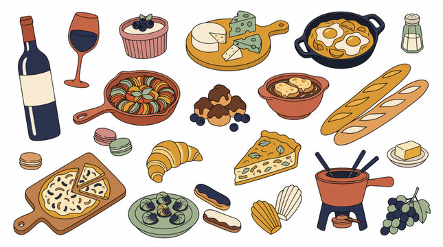 French food vector illustrations and culinary icons showcasing famous gourmet dishes, traditional pastry and wine with cheese, concept for menu design and restaurant branding
