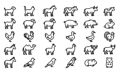 Obraz premium Farm Animal Outline Icon Collection with Horse, Goat, Sheep, Pig, Camel, Duck and Rabbit Symbols for Agriculture and Nature Design