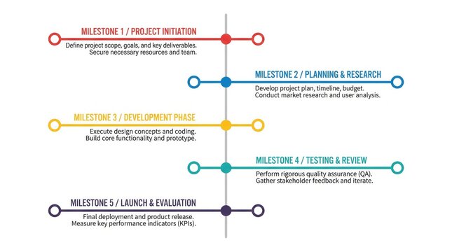 Project management timeline infographic with five milestones and descriptive text on white background