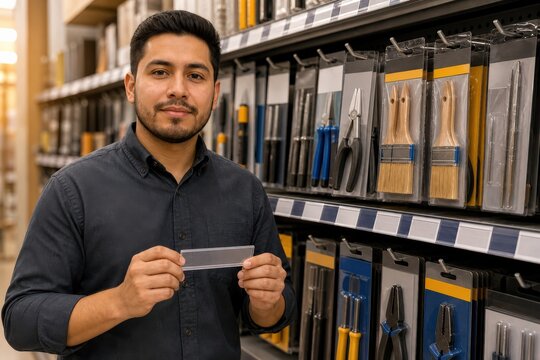Young Latino specialist holding a replacement holder for a retail shelf label audit
