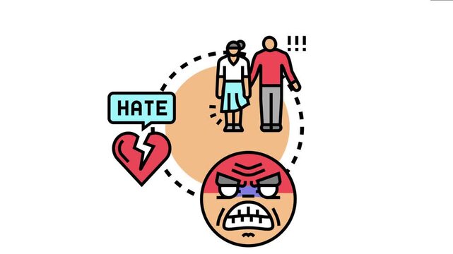 Offensive punchlines delivering hate speech and causing emotional distress, depicted with a broken heart, angry face, and people experiencing negative impact