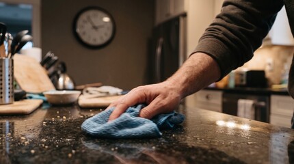 Fototapeta premium Man cleaning dark granite kitchen countertop with blue microfiber cloth