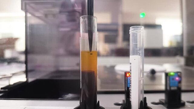 Automated aliquoter close-up in medical laboratory separating blood into plasma and serum, dispensing small samples aliquots into tubes for blood testing and research. Clinical diagnostics and science