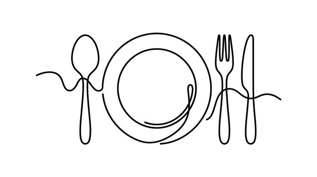 Minimalist continuous line drawing of plate spoon fork and knife on white background