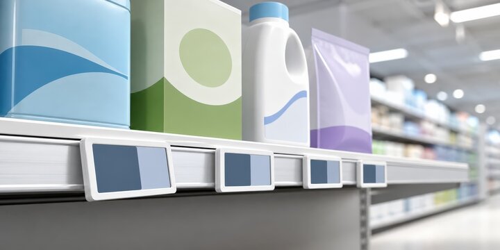 Retail shelf label audit tilted electronic tag beneath evenly spaced packages