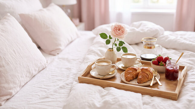 Romantic breakfast in bed tray with croissants, strawberries, coffee and single rose, valentines morning with copy space