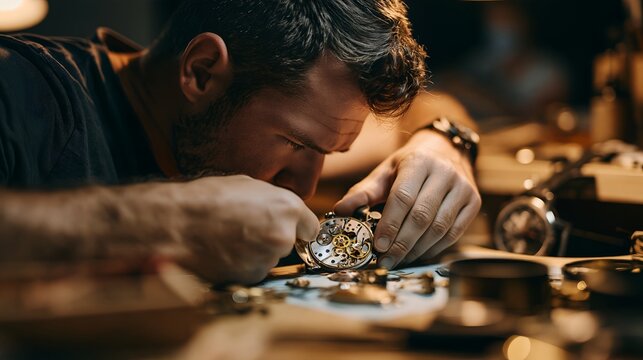 Close-up of skilled craftsman repairing mechanical watch