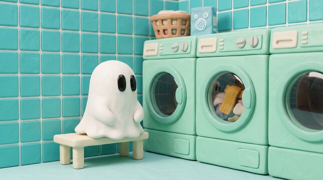 Clay ghost waiting at a laundromat while his scarf spins